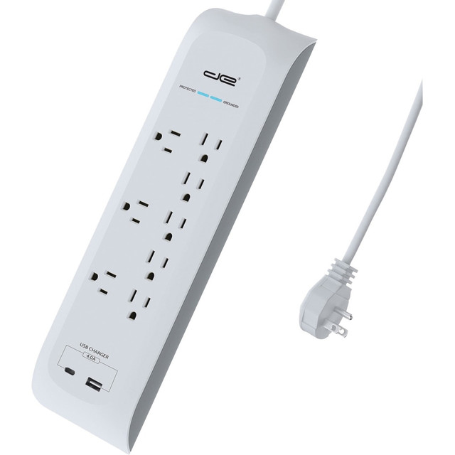 White  ETL/Intertek listed; conforms to UL Standards 1363 and 1449  Rated for 15 amps/125 volts/60 Hz/1,875 watts  14 gauge wire  Heavy-duty, 4,200 Joules of surge protection; ideal for home theaters, computers, office appliances, gaming consoles, power tools, etc.  6 ft. cord  8 outlet surge protector with USB-A and USB-C ports; 3 ports are widely spaced for bulky transformers  Helps save energy - designed to limit the energy used by other products, potentially helping you reduce your carbon footprint and save money.