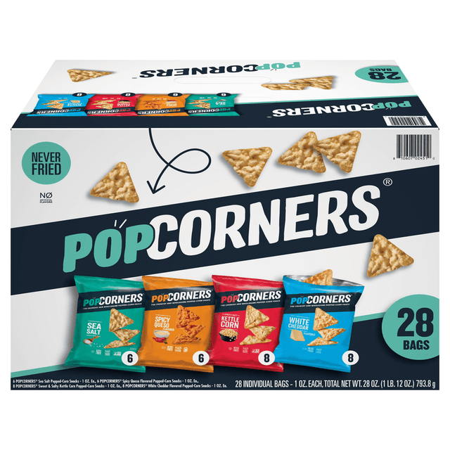 POPCORNERS 810607024510  4-Flavor Popped Corn Chips Snacks Variety Pack, Box Of 28 Bags