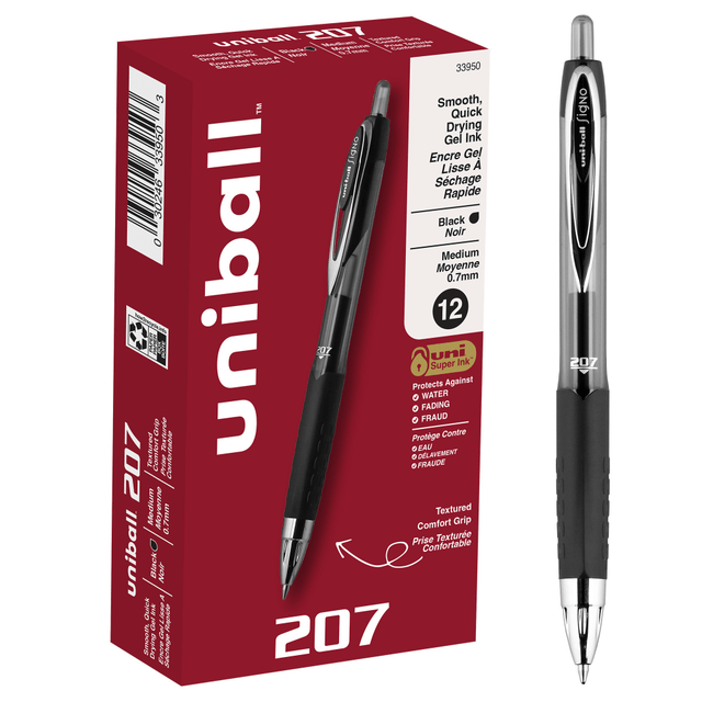 NEWELL BRANDS INC. 33950 uni-ball 207 Retractable Fraud Prevention Gel Pens, Medium Point, 0.7 mm, Black Barrels, Black Ink, Pack Of 12 Pens NEWELL BRANDS INC. 33950 uni-ball 207 Retractable Fraud Prevention Gel Pens, Medium Point, 0.7 mm, Black Barrels, Black Ink, Pack Of 12 Pens