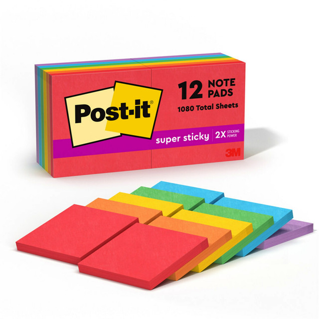 3M CO 654-12SSAN Post-it Super Sticky Notes, 3 in x 3 in, 12 Pads, 90 Sheets/Pad, 2x the Sticking Power, Playful Primaries Collection 3M CO 654-12SSAN Post-it Super Sticky Notes, 3 in x 3 in, 12 Pads, 90 Sheets/Pad, 2x the Sticking Power, Playful Primaries Collection