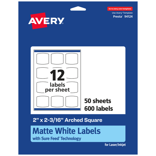 AVERY PRODUCTS CORPORATION 94124-WMP50 Avery Permanent Labels With Sure Feed, 94124-WMP50, Arched Square, 2in x 2-3/16in, White, Pack Of 600 AVERY PRODUCTS CORPORATION 94124-WMP50 Avery Permanent Labels With Sure Feed, 94124-WMP50, Arched Square, 2in x 2-3/16in, White, Pack Of 600