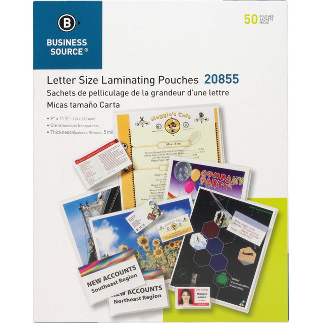 SP RICHARDS Business Source 20855  Letter Size Laminating Pouches - Sheet Size Supported: Letter 8.50in Width x 11in Length - Laminating Pouch/Sheet Size: 9in Width x 11.50in Length x 5 mil Thickness - for Photo, Document, ID Badge, Recipe - Pre-trim