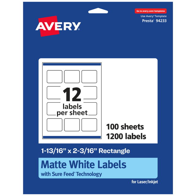 AVERY PRODUCTS CORPORATION 94233-WMP100 Avery Permanent Labels With Sure Feed, 94233-WMP100, Rectangle, 1-13/16in x 2-3/16in, White, Pack Of 1,200 AVERY PRODUCTS CORPORATION 94233-WMP100 Avery Permanent Labels With Sure Feed, 94233-WMP100, Rectangle, 1-13/16in x 2-3/16in, White, Pack Of 1,200