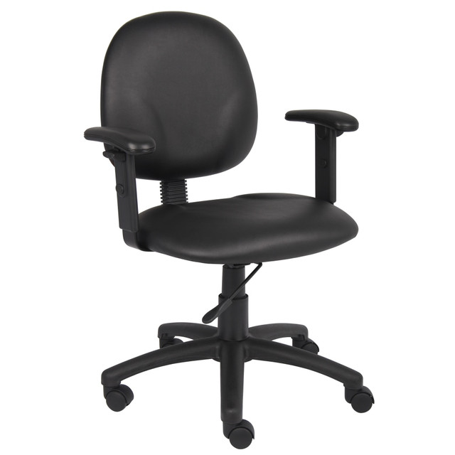 This mid back ergonomic task chair features antimicrobial protected vinyl upholstery. Its contoured back seat promotes proper posture that prevents back strain, while its extra large seat and back cushions ensure maximum comfort.  Mid back ergonomic task chair with adjustable arms.  Contoured back and seat provides support and helps relieve back strain.  Extra large seat and back cushions.  Pneumatic gas lift seat height adjustment.  Black nylon base.  Hooded double wheel casters.  Assembly required.  Upholstered in antimicrobial vinyl.