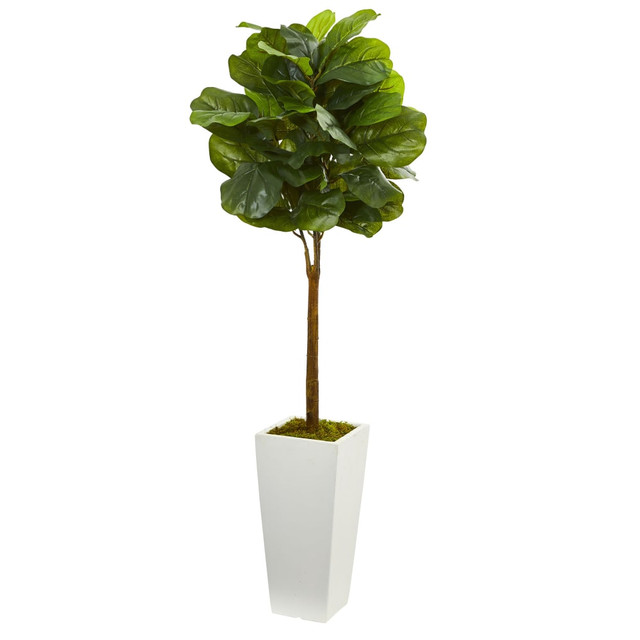 NEARLY NATURAL INC. 5873 Nearly Natural 4ftH Plastic Fiddle Leaf Tree With Tower Planter, Green/White