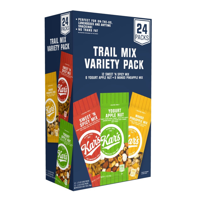 Whether you are out in the wilderness or sitting behind a desk, we all need a boost. This delicious mix offers a blend of dried fruits, chocolate and nuts to give you natural protein when you need it most.  Sweet blend of nuts, chocolate and dried fruits to fight hunger. Flavors include Sweet n Spicy Mix, Pineapple Trail Mix and Yogurt Apple Nut Mix.  24 packs give you enough for snacking and sharing.  Loaded with natural protein to keep you going.