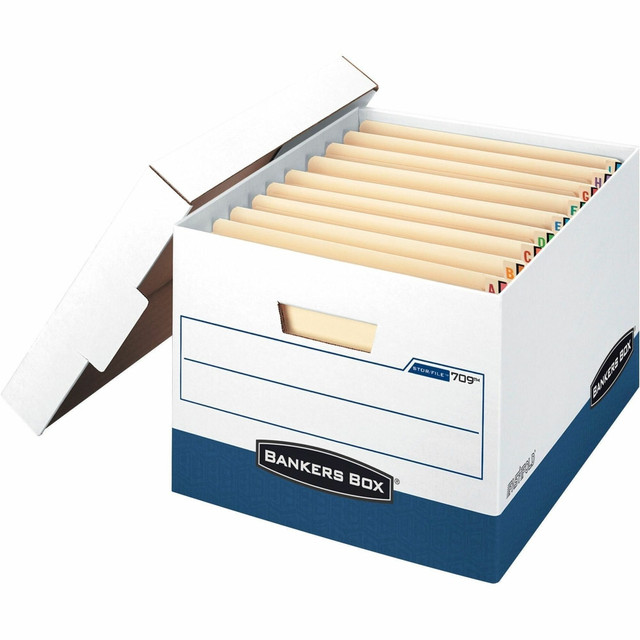 Ideal for archiving and storing end tab letter/legal patient files. Heavy-duty, triple-end, double-side, double-bottom construction stacks up stronger and withstands frequent handling. FastFold quick and easy assembly. Reinforced tear-resistant hand holes make box comfortable to carry. Deep, locking lift-off lid stays in place for secure file storage. Box Style: General Storage; Box Type: FastFold; Material(s): Triple End; Double Side; Double Bottom; Strength: Heavy-Duty.  Ideal for archiving and storing end tab letter/legal patient files.  Heavy-duty, triple end, double side, double bottom construction stacks up stronger and withstands frequent handling.  FastFold quick and easy assembly.  Reinforced tear-resistant hand holes make box comfortable to carry.  Deep, locking lift-off lid stays in place for secure file storage.  Corrugated  Tear Resistant  Reinforced Hole  Locking Lid  Reinforced Handle  Comfortable Handle  SFI Certified.  Contains Recycled Content - See Specs for Details.