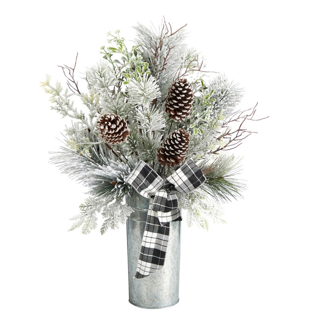 NEARLY NATURAL INC. A1848 Nearly Natural 28inH Frosted Greenery And Pine Cone Artificial Christmas Arrangement With Plaid Bow And Decorative Tin, 28inH x 13inW x 10inD, Silver