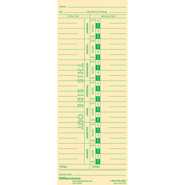 Accurate record keeping is an important part of doing business. Make sure you can properly track employee time with easy-to-use weekly time cards. With a weekly reporting period, your team can see how many hours they have put in.  Office Depot time cards measure 3 3/8in x 8 7/8in.  Weekly reporting period.  Office Depot time cards for easy tracking of employee attendance. Monday to Sunday time cards cover the entire work week.  Includes 100 time cards.