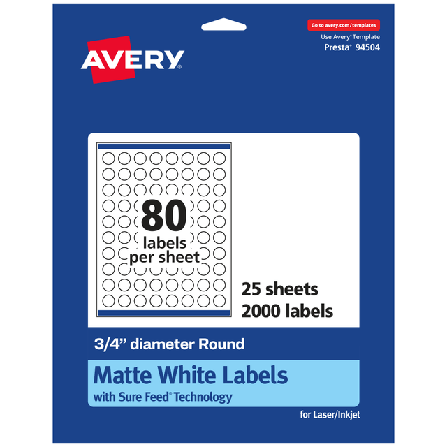 AVERY PRODUCTS CORPORATION 94504-WMP25 Avery Permanent Labels With Sure Feed, 94504-WMP25, Round, 3/4in Diameter, White, Pack Of 2,000 AVERY PRODUCTS CORPORATION 94504-WMP25 Avery Permanent Labels With Sure Feed, 94504-WMP25, Round, 3/4in Diameter, White, Pack Of 2,000