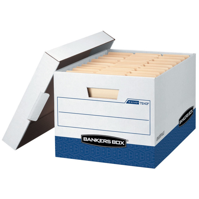 FELLOWES INC. 0724314 Bankers Box R Kive Heavy-Duty Storage Boxes With Locking Lift-Off Lids And Built-In Handles, Letter/Legal Size, 10in x 12in x 15in Liters, 50% Recycled, White/Blue, 20Pk FELLOWES INC. 0724314 Bankers Box R Kive Heavy-Duty Storage Boxes With Locking Lift-Off Lids And Built-In Handles, Letter/Legal Size, 10in x 12in x 15in Liters, 50% Recycled, White/Blue, 20Pk