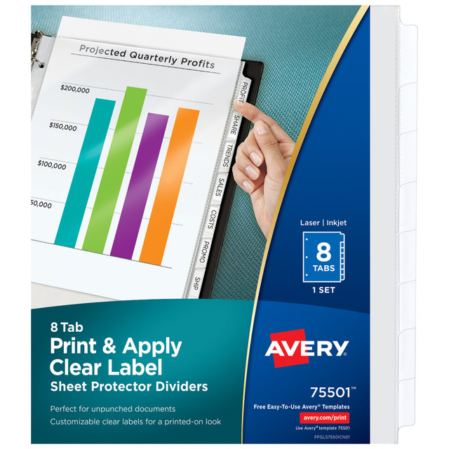 AVERY PRODUCTS CORPORATION 75501 Avery Sheet Protector Dividers For 3 Ring Binders With Easy Print & Apply Index Maker Label Strip, 8-1/2in x 11in,  8 Tab, Clear With Customizable White Tabs, 1 Set