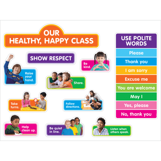 Make it easy for kids to remember how to practice healthy habits and show respect with an eye-catching display. This Scholastic Teachers Friend Our Healthy, Happy Class Bulletin Board Set can help reinforce the behaviors you-d like to see in young students.  19-piece set includes a Our Healthy, Happy Class banner, a Use Polite Words chart, 8 Show Respect cards plus banner, a Keep Germs Away chart, a Wash Your Hands chart and 5 Practice Healthy Habits cards plus banner.  Full-color photo cards and eye-catching charts are designed for display in prominent locations.  Ideal for early childhood classrooms, daycare centers and after-school programs.  Recommended for students from preschool to grade 2.