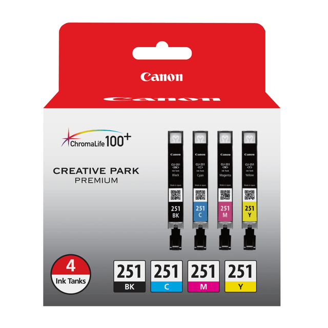 This CLI-251 value pack feature black, cyan, magenta and yellow colors that deliver improved color, a wider color gamut and better color fastness. Print only with genuine Canon ink and photo paper to achieve optimum results through the ChromaLife100+ system which will deliver stunning results and longevity.