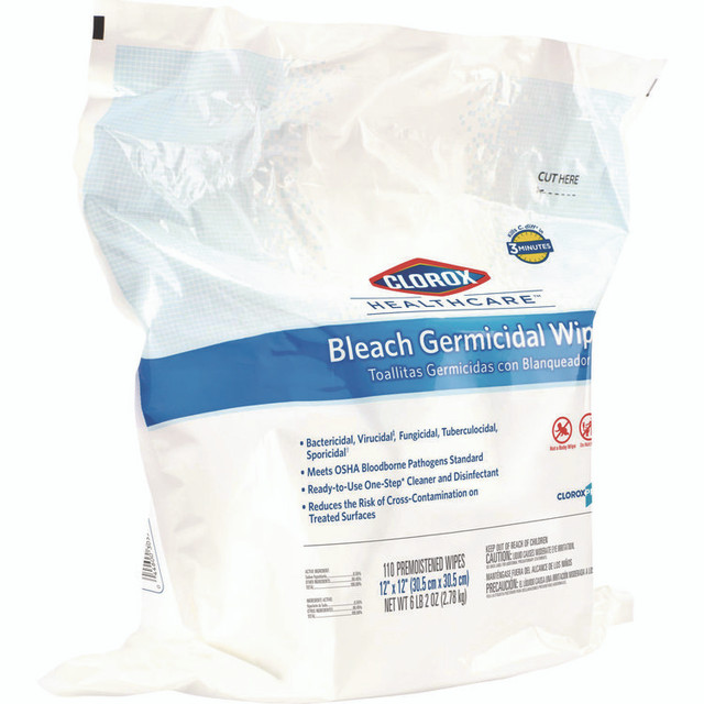 CLOROX SALES CO. Healthcare® 30359 Bleach Germicidal Wipes, Refill for Bucket, 1-Ply, 12 x 12, Unscented, White, 110/Bag