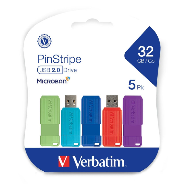 VERBATIM AMERICAS LLC 70055 Verbatim PinStripe USB 2.0 Flash Drives, 32GB, Assorted Colors, 5 Pack VERBATIM AMERICAS LLC 70055 Verbatim PinStripe USB 2.0 Flash Drives, 32GB, Assorted Colors, 5 Pack