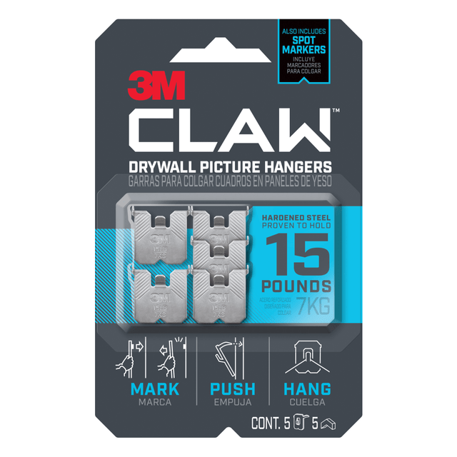 3M CO 3PH15M-5ES 3M Claw Drywall Picture Hanger 15-lb Capacity, Pack of 5 Hangers, 5 Spot Markers