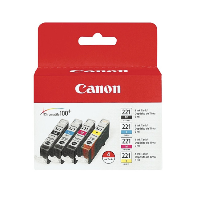 CANON USA, INC. Canon 2946B004  CLI-221 ChromaLife 100+ Black And Cyan, Magenta, Yellow Ink Cartridges, Pack Of 4, 2946B004