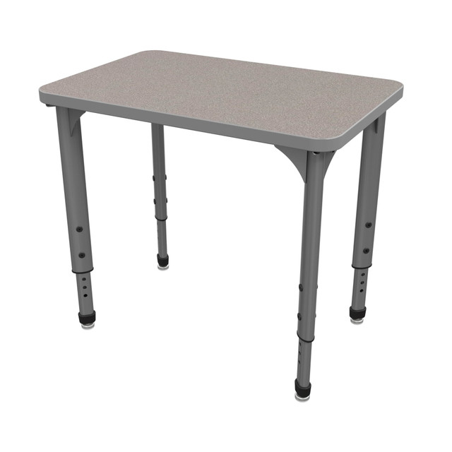 Switching between group work and individual activities can help kids learn in the style that suits them best. This student desk provides enough space for collaborative efforts while remaining compact enough to maximize classroom space.  Sturdy 12-gauge steel plate frame has a powder-coat finish to help protect against the wear and tear of daily use.  Tabletop is made of 1 1/8in particleboard with thermofused melamine on the top and bottom to provide increased strength. 3 mm PVC edgeband shields against impacts and minor damage.  12-gauge steel legs adjust from 21in to 30in in 1in intervals to suit your needs.  Nickel-plated nylon swivels help safeguard your flooring while adding an attractive accent.  Assembly required.  Tested to meet ANSI/BIFMA Performance Standards - Manufacturer testing has been conducted on this product to meet specific performance requirements and safety standards set forth by the American National Standards Institute (ANSI) and the Business and Institutional Furniture Manufacturers.