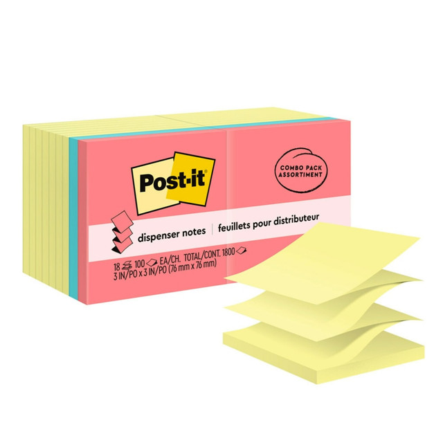 Post-it Dispenser Notes, are accordion-style notes specially designed to work in Post-it Note Dispensers. With these notes, you will always have a note nearby to capture great ideas. Unique adhesive is designed to work on paper or in planners. Use for notes or reminders to yourself or others. Cabinet pack is great to stock up your office, school or work area. Classic Canary Yellow color helps your notes stand out. Post-it Dispenser Notes are sourced from certified, renewable and responsibly managed forests.  Always there when you need to capture great ideas  Accordion-style notes are specially designed to work in Post-it Note Dispensers  Unique adhesive designed for use on paper or in planners  Use for notes or reminders to yourself or others  The paper in Post-it Dispenser Notes is sourced from certified, renewable and responsibly managed forests  3 in. x 3 in., Dispenser Notes, Canary Yellow and Assorted colors  Accordion-style notes are specially designed to work in Post-it Note Dispensers  18 Pads/Pack, 100 Sheets/Pad  Post-it Dispenser Notes are recyclable  The paper in Post-it Dispenser Notes is sourced from certified, renewable and responsibly managed forests