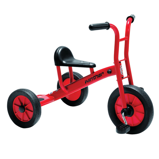 This tricycle is a Winther classic. Millions of children have proved its worth. They love it. They cannot wait to get started once they see it. All tricycles can be used with a trailer (sold separately), which makes them even more fun to play with.  Harmonious, safe design with no sharp edges.  Strong, oval-shaped tubes ensure maximum strength.  Rubber stops to ensure children do not get fingers caught.  Spokeless wheels with solid rubber tires.  Strong, non-slip pedals.  Solid one-piece steel crank.  Effective rust protection and impact-resistant powder coating that will last for many years.  Develops and improves coordination and motor skills.  Weather-resistant rubber seat. Solid rubber handlebar grips. Seat height, 14 inch.  Assembled: 31inL x 20.5inW x 24.5inH.