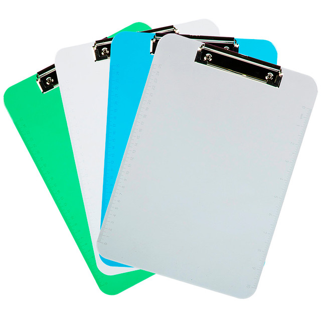 JAM PAPER AND ENVELOPE 3409IASSRT JAM Paper Letter-Size Clipboards With Low-Profile Metal Clips, 12-1/2in x 9in, Silver/Blue/Green, Pack Of 4 Clipboards