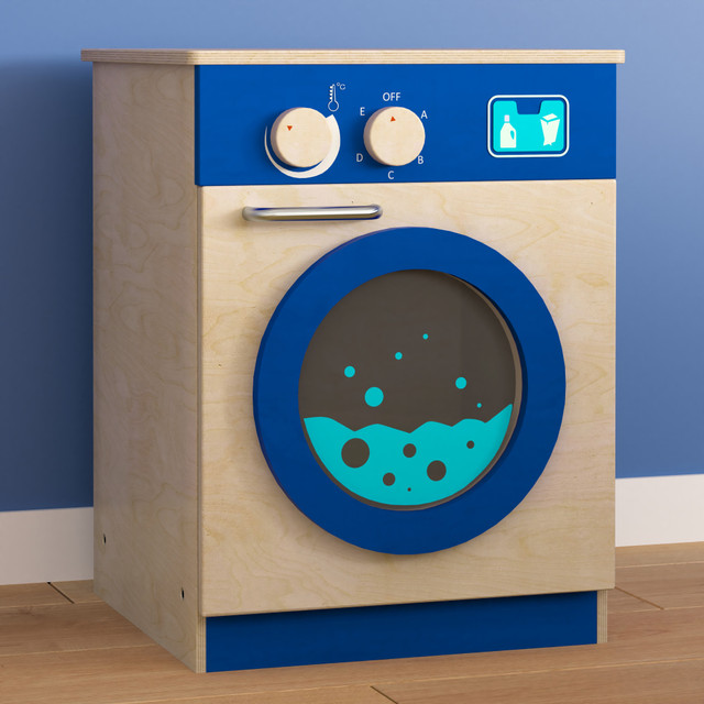 Encourage playtime in your classroom with a Flash Furniture Bright Beginnings Commercial Grade Wooden Kids Washing Machine With Integrated Storage And Turning Knobs. Students can learn about textures, colors and sorting as they play.  Made from durable wood with a scratch-resistant UV finish.  Rounded corners for safety.  Opening front door with inner storage.  Integrated acrylic window with a fun graphic.  Knobs turn for interactive play.  Wipe clean with a damp cloth, then dry.  Weight capacity tested to support 100 lb.  Assembly required.  Backed by the manufacturer's 1-year limited warranty.