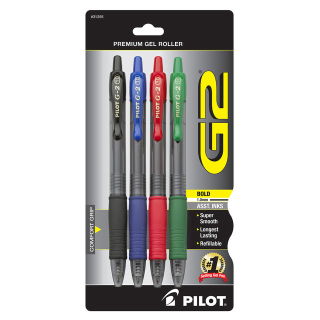 PILOT CORPORATION OF AMERICA Pilot 31255  G2 Retractable Gel Pens, Bold Point, 1.0 mm, Assorted Barrels, Assorted Ink Colors, Pack Of 4