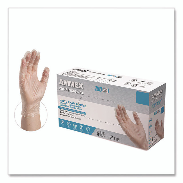 AMMEX CORPORATION Professional VPF64100 Vinyl Exam Gloves, Powder-Free, Medium, Clear, 100/Box