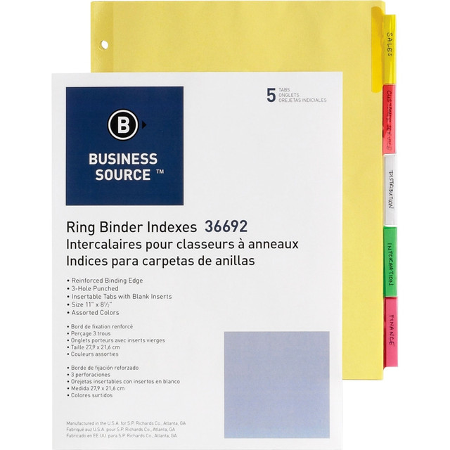 SPARCO PRODUCTS-OBS Business Source 36692BX  Insertable Tab Ring Binder Indexes - 5 Blank Tab(s)2in Tab Width - 8.5in Divider Width x 11in Divider Length - Letter - 3 Hole Punched - Multicolor Tab(s) - 250 / Box