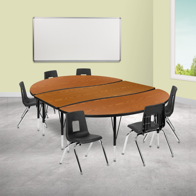 Reinvent your classroom setup with a Flash Furniture 86in Oval Wave Flexible Laminate Activity Table Set With 14in Student Stack Chairs. The durable laminate top surface is resistant to scratches and stains to withstand heavy use. Stack chairs can be stacked up to 12 high for additional floor space.  Table boasts a 1in thick thermal-fused laminate top for scratch and stain resistance.  Durable 16-gauge tubular steel legs adjust in 1in increments.  Powder-coated upper legs and chrome lower legs.  Self-leveling nylon floor glides help to prevent scratches and wobbling.  Ergonomic shell stack chairs are UV-, heat-, and cold-protected.  Chairs stack 12 high for storage.  Weight capacity tested to support 225 lb.  Assembly required.  This product is heavy and/or oversized and may need more than one person to handle.