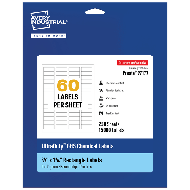 AVERY PRODUCTS CORPORATION 97177-WMUI250 Avery Ultra Duty Permanent GHS Chemical Labels, 97177-WMUI250, Rectangle, 2/3in x 1-3/4in, White, Pack Of 15,000