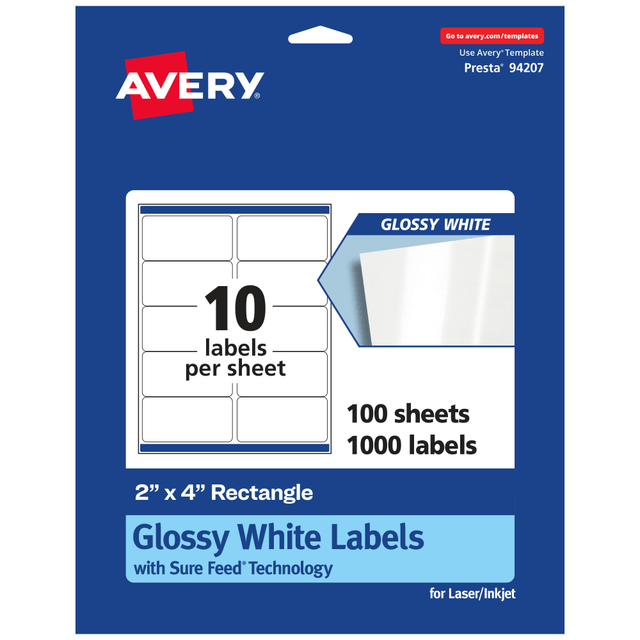 AVERY PRODUCTS CORPORATION 94207-WGP100 Avery Glossy Permanent Labels With Sure Feed, 94207-WGP100, Rectangle, 2in x 4in, White, Pack Of 1,000 AVERY PRODUCTS CORPORATION 94207-WGP100 Avery Glossy Permanent Labels With Sure Feed, 94207-WGP100, Rectangle, 2in x 4in, White, Pack Of 1,000