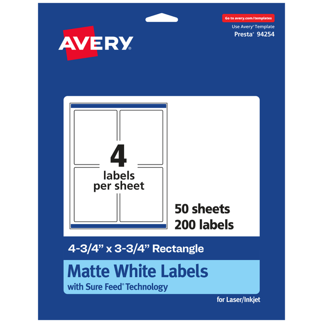 AVERY PRODUCTS CORPORATION 94254-WMP50 Avery Permanent Labels With Sure Feed, 94254-WMP50, Rectangle, 4-3/4in x 3-3/4in, White, Pack Of 200 AVERY PRODUCTS CORPORATION 94254-WMP50 Avery Permanent Labels With Sure Feed, 94254-WMP50, Rectangle, 4-3/4in x 3-3/4in, White, Pack Of 200