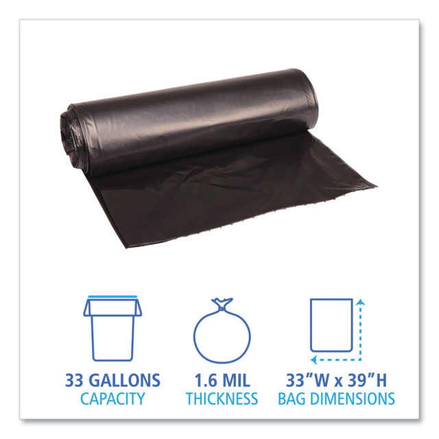 BOARDWALK 520 Recycled Low-Density Polyethylene Can Liners, 33 gal, 1.6 mil, 33" x 39", Black, Perforated, 10 Bags/Roll, 10 Rolls/Carton