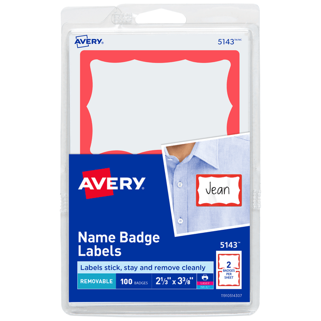 AVERY PRODUCTS CORPORATION 5143 Avery Name Tags, 05143, 2-1/3in x 3-3/8in, White With Red Border, 100 Removable Name Badges