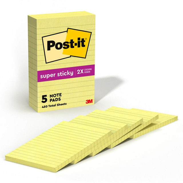 Cut through the clutter with the iconic Canary Yellow Post-it Super Sticky Notes. Whether jotting down your daily to-dos, brainstorming big ideas, studying or setting reminders, colors and ideas are always brighter together. These sticky notes feature 2X the sticking power. They also stick and re-stick - allowing you to move your notes with you throughout your day. They"re ideal for walls, doors, windows and other vertical surfaces, and like all Post-it Notes, they stick securely yet remove cleanly without damage. Keep your ideas across your notebooks, classroom books, calendars or other documents. No tape or tacks are needed with adhesive notes, saving you money and time on office products or school supplies. A great memo pad, these are ideal for using for notes or reminders to yourself or others. Post-it Super Sticky Notes are the perfect solution for shopping lists, reminders, notes on computer screens, time tracking, to-do lists, marking cables, color-coding documents, reminding kids to do chores, storyboarding, scratch paper and agile processing. These sticky notes are the iconic Canary Yellow. All Post-it Notes are sourced from certified, renewable and responsibly managed forests, and all Post-it Notes are recyclable, so you can recycle them when they are no longer needed.  EXPERIENCE THE POWER OF 2X STICKINESS: Post-it Super Sticky Notes offer twice the sticking power of basic sticky notes, ensuring they stay put and wonT fall off  STICK AND RESTICK ANYWHERE: These notes adhere firmly to walls, windows, doors, and other vertical surfaces, allowing you to move your reminders with ease  VERSATILE AND ESSENTIAL: Post-it Super Sticky Lined Notes are the perfect solution for shopping lists, reminders, to-do lists, color-coding, labeling, family chore reminders, brainstorming, storyboarding, and quick notes  VARIOUS SIZES AND SHAPES: Available in different sizes, with or without lines, to cater to your specific needs  EYE-CATCHING COLORS: Vibrant and colorful reminders are more likely to grab attention and be noticed  ICONIC CANARY YELLOW: The color that started it all  EXPLORE OUR COLLECTIONS: With 11 color collections, the Post-it Brand offers a wide range of options to suit every style and preference, whether at home, in school, or at the office  TRUST THE ORIGNAL CREATOR: the one and only Post-it Note was invented over 40 years ago by the Post-it Brand  SUSTAINABILITY: Post-it Super Sticky Notes can be recycled  ENHANCE YOUR NOTE-TAKING EXPERIENCE: Download the free Post-it App on your smartphone or tablet to enjoy the simplicity and convenience of Post-it Notes anytime and anywhere  GET ORGANIZED: Each pack includes 5 pads of 4 in. x 6 in. lined notes, with 90 sheets per pad, great for your office, work area, or classroom  VERSATILE AND ESSENTIAL: Post-it Super Sticky Notes are the perfect solution for shopping lists, reminders, to-do lists, color-coding, labeling, family chore reminders, brainstorming, storyboarding, and quick notes  TRUST THE ORIGINAL CREATOR: the one and only Post-it Note was invented over 40 years ago by the Post-it Brand