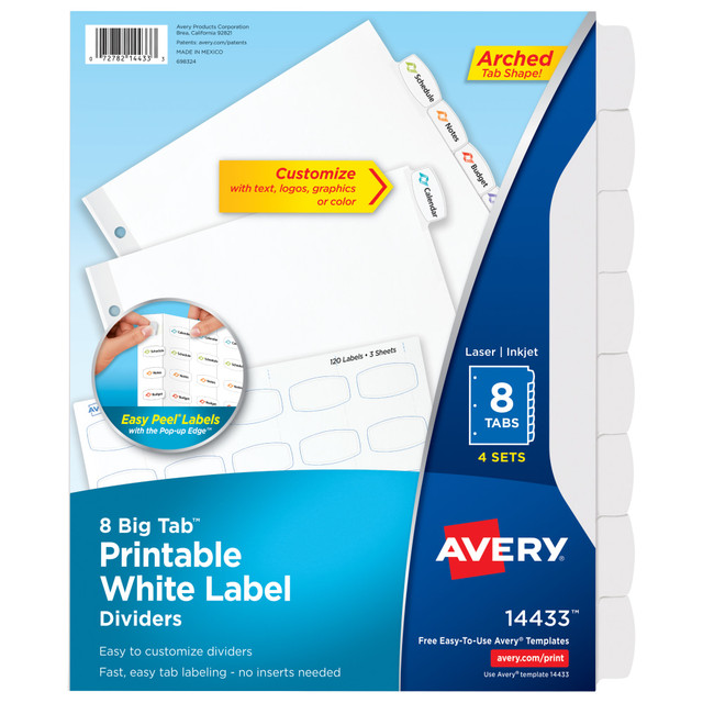 AVERY PRODUCTS CORPORATION 14433 Avery Easy Peel Pop-up Edge Label Dividers, 8 1/2in x 11in, 8-Tab, White, Pack Of 4