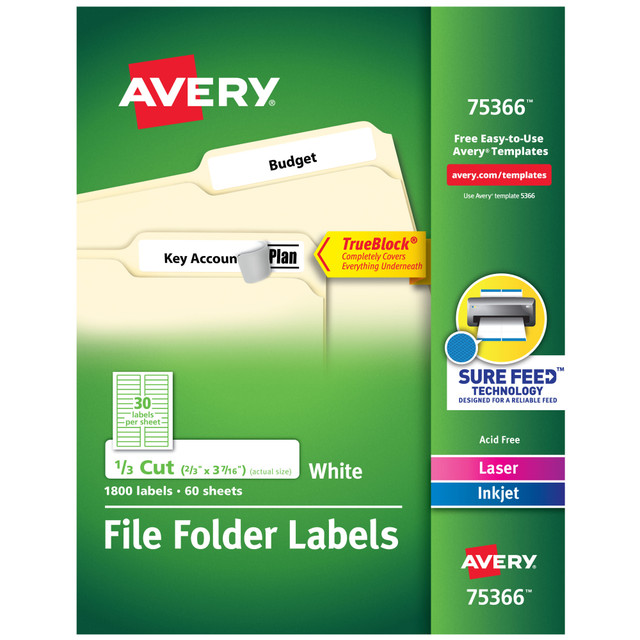 AVERY PRODUCTS CORPORATION 75366 Avery TrueBlock File Folder Labels With Sure Feed Technology, 75366, Rectangle, 2/3in x 3-7/16in, White, Pack Of 1,800 AVERY PRODUCTS CORPORATION 75366 Avery TrueBlock File Folder Labels With Sure Feed Technology, 75366, Rectangle, 2/3in x 3-7/16in, White, Pack Of 1,800