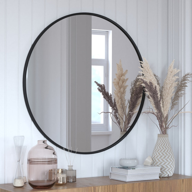FLASH FURNITURE HFKHD6GD091315 Julianne Round Metal-Framed Wall Mirror, 36inH x 36inW x 3/4inD, Black FLASH FURNITURE HFKHD6GD091315 Julianne Round Metal-Framed Wall Mirror, 36inH x 36inW x 3/4inD, Black