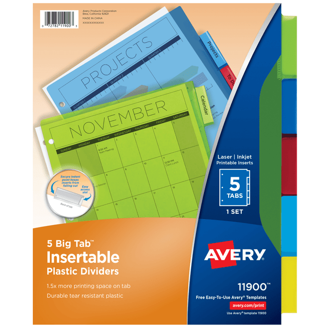 AVERY PRODUCTS CORPORATION 11900 Avery Big Tab Insertable Plastic Dividers, Multicolor, 5-Tab