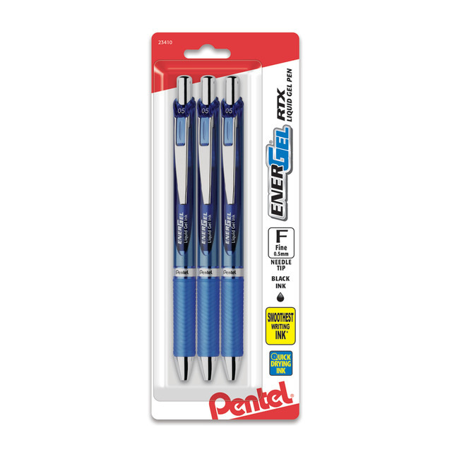 Wrapping your hand around these Energel Deluxe pens reveals an irresistibly comfortable feel delivered by a soft, cushioned grip. The ink within each pen dries quickly, helping to eliminate troublesome smudges.  Cushioned grip for comfortable writing.  Built-in pocket clip for easy carrying.  Acid-free gel ink is quick-drying to resist smudges.  Refillable Pentel pens.  Includes a pack of 3 needle-point retractable pens with blue ink.  Refillable - designed to be used repeatedly, helping you avoid single-use disposables and potentially save money.  Contains Recycled Content - See Specs for Details.