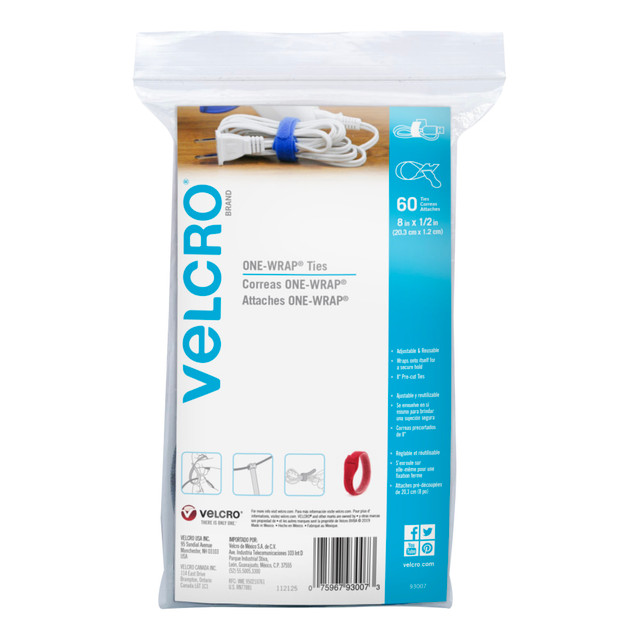 VELCRO USA INC 93007 VELCRO Brand ONE-WRAP Thin Ties, 8in x 1/2in, Assorted Colors, Pack Of 60 Ties