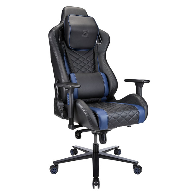 Whether you are gaming casually with friends or competing with high stakes, stay comfortable and alert in the Realspace Davanti Vegan Leather High-Back Gaming Chair. Lumbar support and a waterfall seat support your legs and lower back to prevent fatigue, and the high-density foam seat allows you to sink in with maximum comfort. Customize your seat with tilt tension, height, knee tilt, armrest and back angle adjustments.  Waterfall seat cushion helps improve circulation.  Lumbar support aligns with your spine for strain relief.  High-density foam seat.  Pneumatic 1-touch height adjustments.  Back angle, tilt and headrest adjustments.  Knee tilt mechanism with 5 locking positions.  Independent back recline up to 135 deg..  Adjustable 3D armrests.  Rolling design.  ANSI/BIFMA Compliant - This product has been tested and verified for compliance with rigorous performance requirements and safety standards related to specific furniture products.  Vegan Leather is a synthetic material containing no animal by-products.  See specs for details.