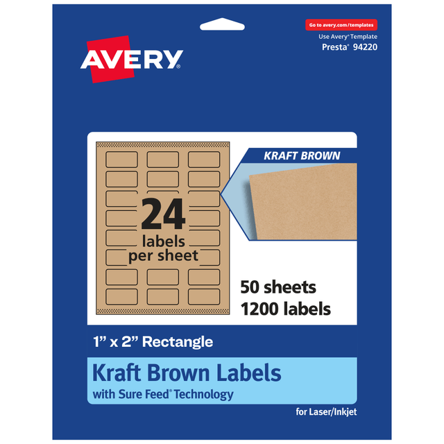 AVERY PRODUCTS CORPORATION 94220-KMP50 Avery Kraft Permanent Labels With Sure Feed, 94220-KMP50, Rectangle, 1in x 2in, Brown, Pack Of 1,200