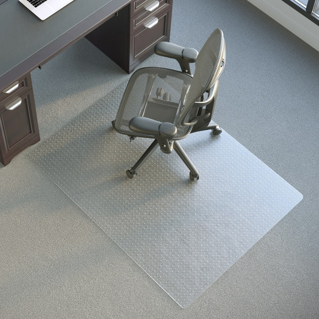 Extend the life of your carpet with a Realspace chair mat. Realspace chair mats provide a protective layer between chair wheels and carpet, helping to prevent wear in frequently used workstations. Designed with a smooth rolling surface, Realspace chair mats improve comfort by making it easier to move around your workspace. Realspace chair mats for carpet are made with clear vinyl and studded backing to keep chair mat in place. Select a chair mat designed for your carpet thickness for optimum support and protection.  Durable vinyl construction.  Protects flat commercial pile carpeting up to 1/4in deep from wear-and-tear.  Smooth rolling surface.  Studded backing keeps mat in place.  Lipped shape for extended under desk floor protection.  Designed for use on carpeted surfaces only, do not use on hard floors.  Clear rectangular 46inW x 60inD chair mat.  GREENGUARD Gold certified  - certified for low chemical emissions: UL.COM/GG - UL 2818. Ranked in two tiers: Certified and Gold.  Tested to meet ANSI/BIFMA Performance Standards - Manufacturer testing has been conducted on this product to meet specific performance requirements and safety standards set forth by the American National Standards Institute (ANSI) and the Business and Institutional Furniture Manufacturers.  Less harsh chemicals - made with fewer harsh chemicals, or safer chemicals than typical alternatives, helping  reduce your use of and exposure to substances that may be more harmful to your health and the environment.