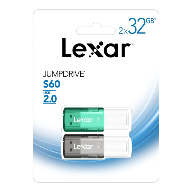LEXAR INTERNATIONAL LJDS60-32GBNNU2 Lexar JumpDrive S60 USB 2.0 Flash Drives, 32GB, Black/Teal, Pack Of 2 Flash Drives, LJDS60-32GB2NNU LEXAR INTERNATIONAL LJDS60-32GBNNU2 Lexar JumpDrive S60 USB 2.0 Flash Drives, 32GB, Black/Teal, Pack Of 2 Flash Drives, LJDS60-32GB2NNU