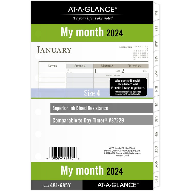 ACCO BRANDS USA, LLC AT-A-GLANCE 481-685Y-24  Monthly Loose-Leaf Planner Refill, 5-1/2in x 8-1/2in, January to December 2024, 481-685Y