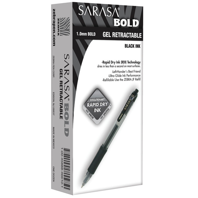 ZEBRA PEN CORP 46610 Zebra Pen SARASA Retractable Gel Pens, Pack Of 12, Bold Point, 1.0 mm, Clear Barrel, Black Ink