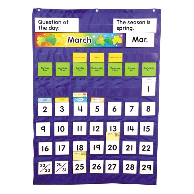 Ideal for all instructors who teach the calendar  Pockets make lessons more interactive and creative. Using the holiday, birthday, weather and special event cards, teachers can represent a very detailed overview of the month.  Different color number cards help teaching patterns and skip counting as well.  Bilingual chart has English and Spanish cards.